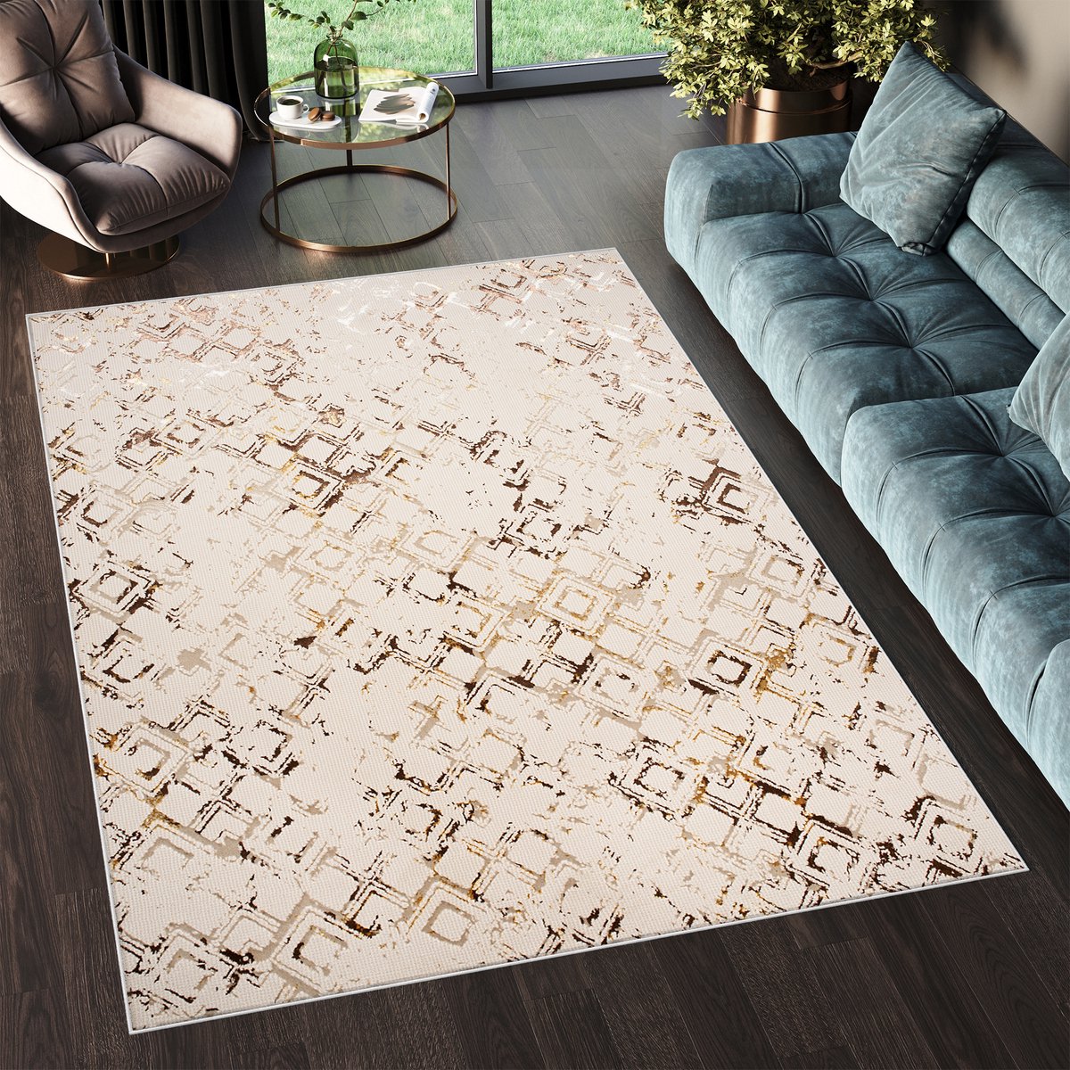 Tapiso Golden Vloerkleed Tapijt Beige Laagpolig Maat- 140x200