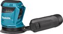 Turquoise Makita schuurmachine met open batterijcompartiment en stofafscheider.