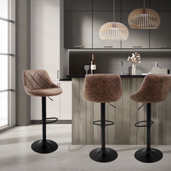 Lot de 2 tabourets de bar revêtement en simili cuir marron avec dossier et repose-pieds réglables en hauteur 62-82 cm ML- Design