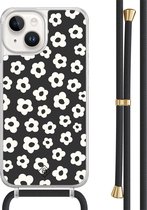 Casimoda® hoesje met zwart koord - Geschikt voor iPhone 14 - Retro Bloempjes - Afneembaar koord - TPU/acryl - Zwart