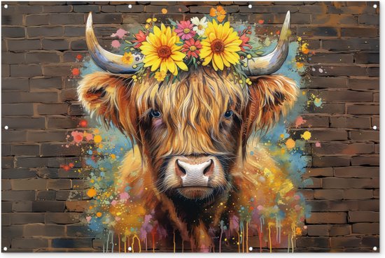 Tuinposter 180x120 cm - Tuindecoratie - Graffiti - Schotse hooglander - Dier - Bloemen - Poster voor in de tuin - Buiten decoratie - Schutting tuinschilderij - Muurdecoratie - Tuindoek - Buitenposter..