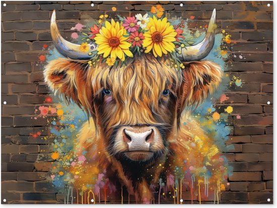 Tuinposter 160x120 cm - Tuindecoratie - Graffiti - Schotse hooglander - Dier - Bloemen - Poster voor in de tuin - Buiten decoratie - Schutting tuinschilderij - Muurdecoratie - Tuindoek - Buitenposter..