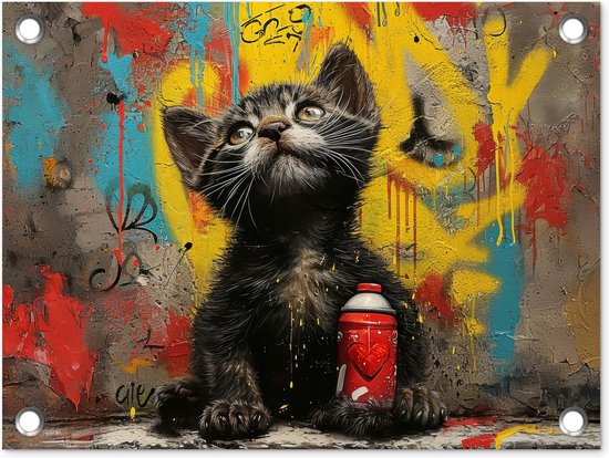 Tuinposter 40x30 cm - Tuindecoratie - Graffiti - Kitten - Street art - Kat - Dier - Poster voor in de tuin - Buiten decoratie - Schutting tuinschilderij - Muurdecoratie - Tuindoek - Buitenposter..