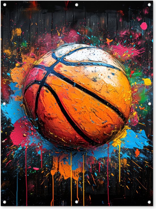 Tuinposter 90x120 cm - Tuindecoratie - Graffiti - Basketbal - Verf - Sport - Street art - Poster voor in de tuin - Buiten decoratie - Schutting tuinschilderij - Muurdecoratie - Buitenschilderijen - Tuindoek - Buitenposter..