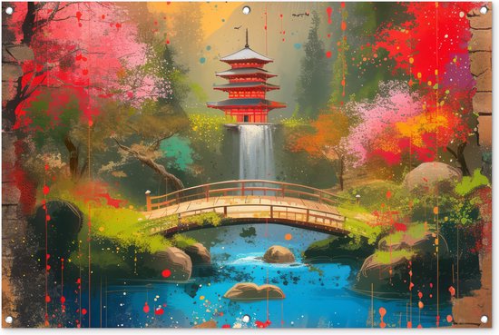 Tuinposter 120x80 cm - Tuindecoratie - Graffiti - Japanse tuin - Kleurrijk - Japan - Street art - Poster voor in de tuin - Buiten decoratie - Schutting tuinschilderij - Muurdecoratie - Tuindoek - Buitenposter..