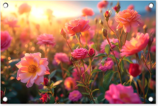 Tuinposter bloemen - Tuindecoratie roze rozen - 60x40 cm - Poster voor in de tuin - Buiten decoratie - Schutting tuinschilderij - Tuindoek muurdecoratie - Wanddecoratie balkondoek
