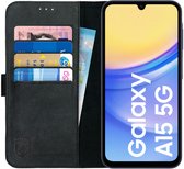 Rosso Deluxe Echt Leer Book Case Hoesje Geschikt voor Samsung Galaxy A15 | Ruimte voor drie pasjes | Portemonnee Book Case | Met Pasjeshouder | Zwart