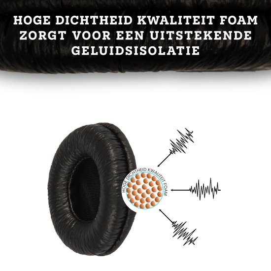Zwarte oorkussens met detailopname van het schuim met hoge dichtheid en geluidsgolven.