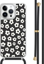 Casimoda® hoesje met zwart koord - Geschikt voor iPhone 14 Pro Max - Retro Bloempjes - Afneembaar koord - TPU/polycarbonaat - Zwart