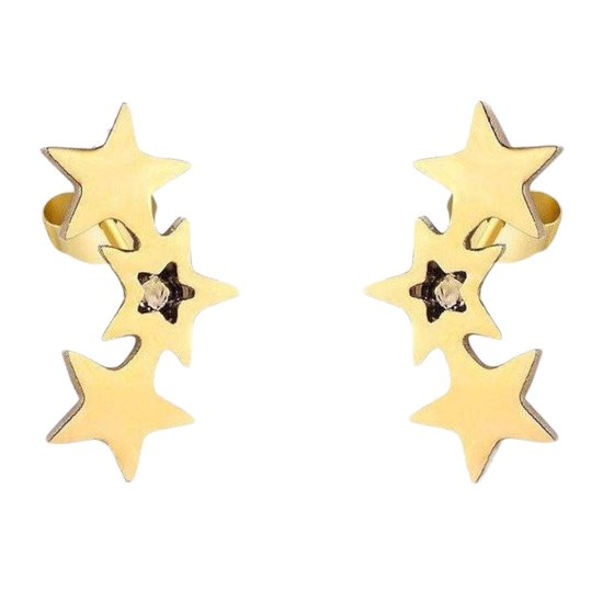 Aramat Jewels - Twinkeling van Drie Sterren - Goudkleurige Oorbellen - Staal - 9mm x 4mm - Kinderoorbellen - Sterrenhemel - Speels - Cadeautip - Feestdagen
