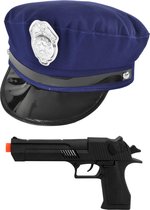 Carnaval verkleed politie agent set - pet/cap blauw - pistool zonder paffertjes