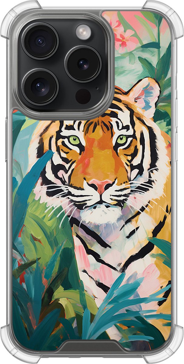 Shockproof hoesje - Geschikt voor iPhone 15 Pro - Tijger in de jungle - Extra sterke case - TPU/polycarbonaat - Print / Illustratie - Multi, Transparant