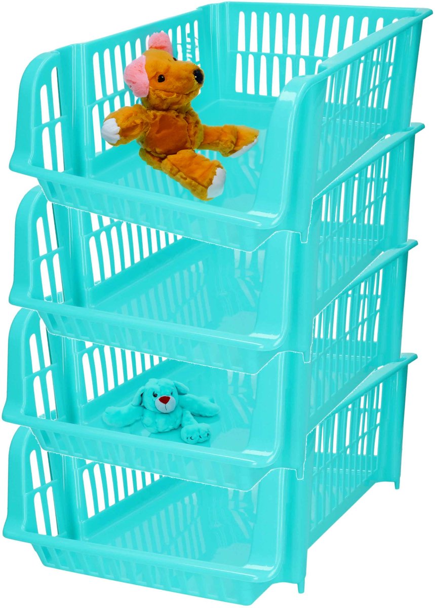 Plasticforte Stapelbare opbergmand - 4x - Blauw - 16L - kunststof - 38 x 28 x 15 cm