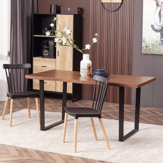 Eettafel woonkamer tafel eetkamer voor 6 personen in industrieel ontwerp voor eetkamer, keuken, staal, bruin, 160 x 85 x 75 cm