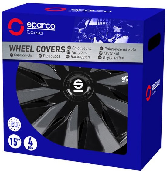 Verpakking van 4 stuks 15 inch wieldoppen in zwart en grijs met het Sparco logo.