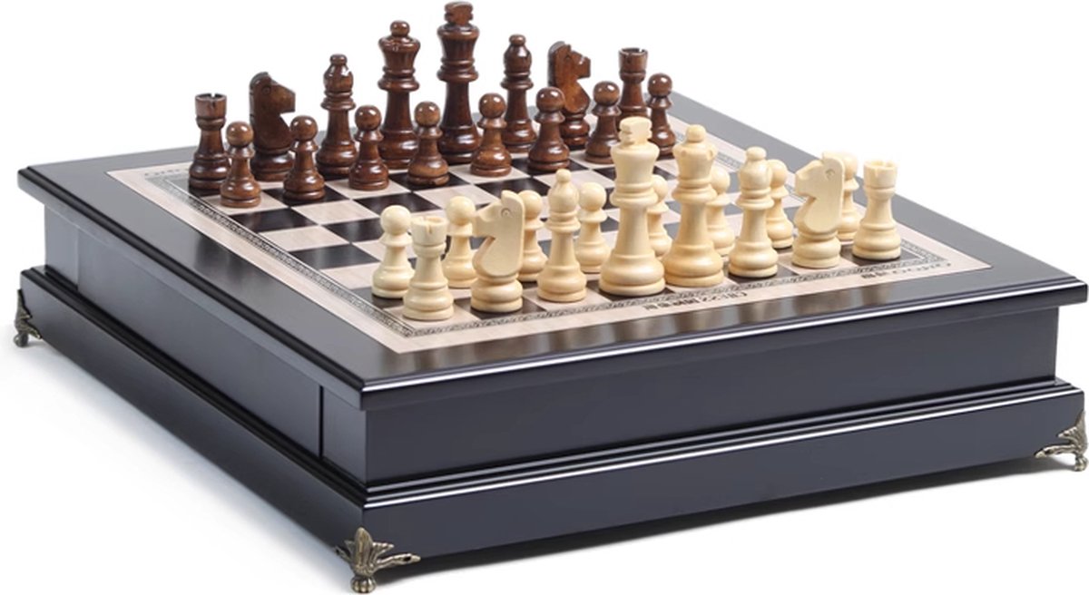 Lopoleis® Hoogwaardig Elegante Schaakbord – Ornamenten Houten Schaakstukken – Handgemaakt + Sierpoten – Wood Chess – Schaakspel – Massief Hout – Schaakset Decoratie – Ingebouwde Lade