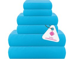 Wavelhanddoek, 6-delig, 100% katoen, grote handdoekenset, blauwgroen, 2 baden, 2 hand en 2 washandjes, trekt direct in en droogt snel, zachte handdoek voor hotel, spa, keuken