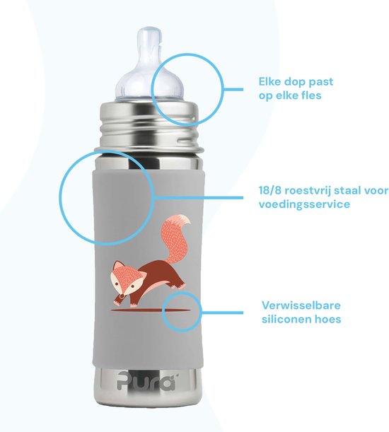 Pura Speenfles 325 ml - Plasticvrij - Drinkfles - Voorkomt Maagkrampen - Vaatwasserbestendig - Inclusief Siliconen Speen, Reisdop en Sleeve - Top is Verwisselbaar - Veelzijdig - Grijze Vos van Merkloos — afbeelding 4