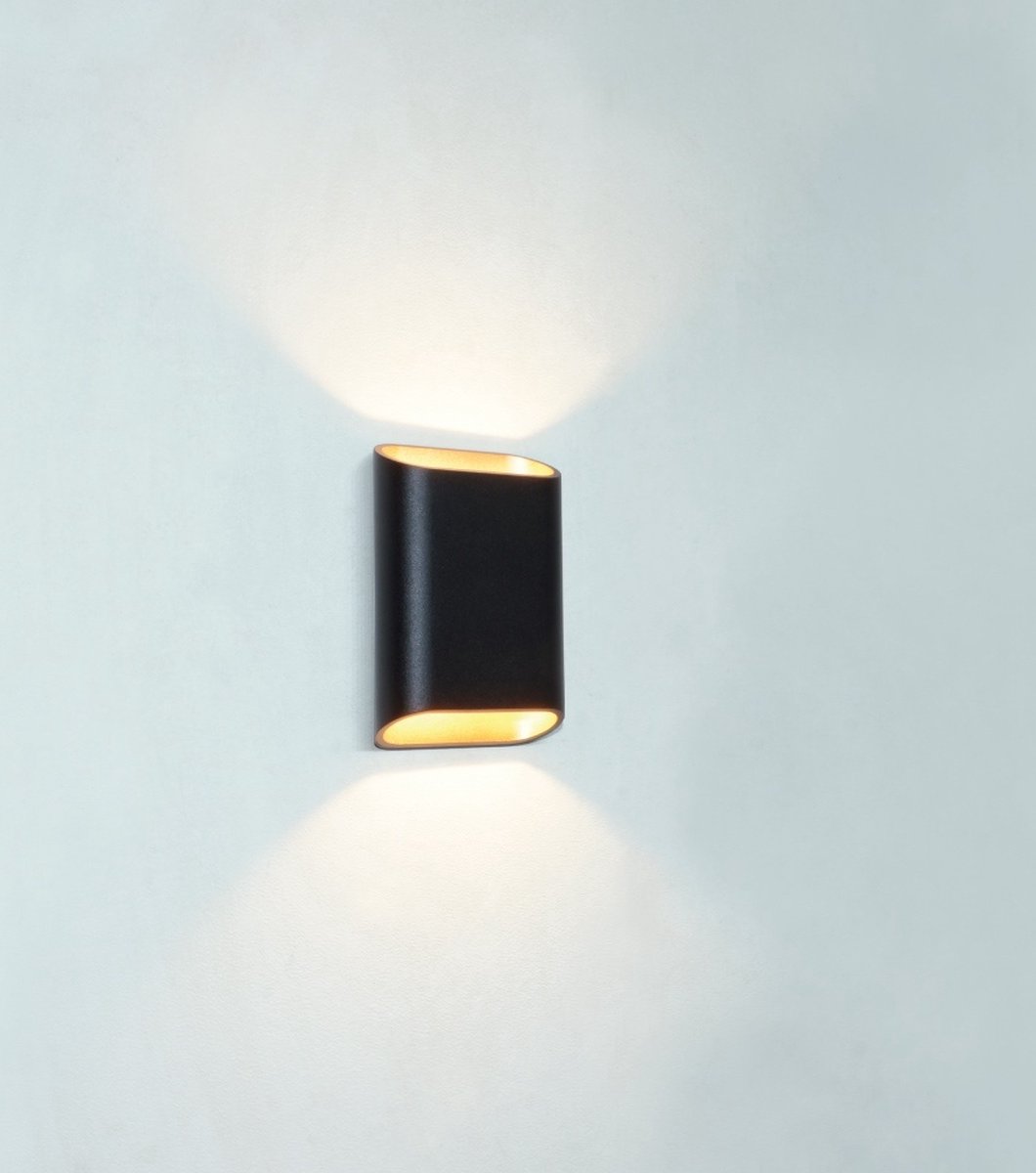 Wandlamp Diaz-S Zwart/Mat Goud - hoogte 15cm - LED 2x3W 2700K 2x30lm - IP54 - Dimbaar > wandlamp binnen zwart goud | wandlamp buiten zwart goud | wandlamp zwart goud | buitenlamp zwart goud | muurlamp zwart goud | led lamp zwart goud