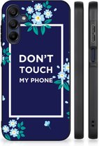 Leuk TPU Back Case Geschikt voor Samsung Galaxy A15 Telefoon Hoesje met Zwarte rand Flowers Blue Don't Touch My Phone