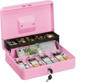 Relaxdays geldkistje met slot - metaal - geldkluis - geldcassette - 2 sleutels - vakken - roze