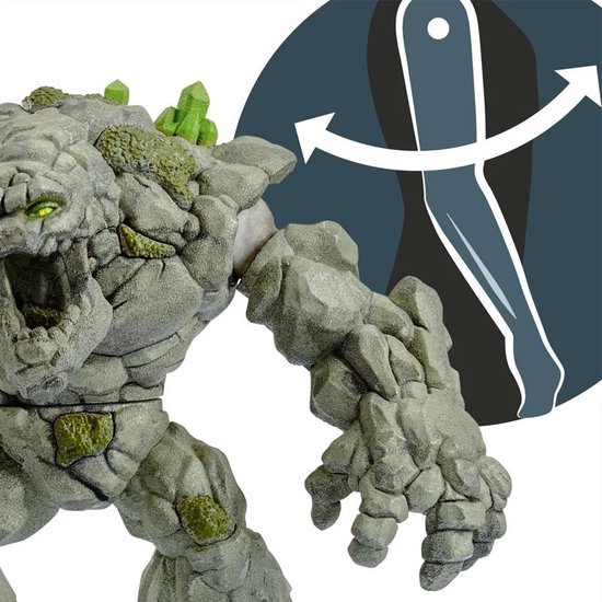 Gedetailleerd grijs steenmonster met groene kristallen en mos; bewegende ledematen getoond.