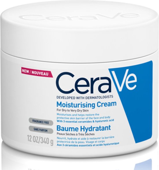 Witte pot CeraVe Moisturising Cream met "NEW/NOUVEAU" etiket. Beschrijving in het Nederlands en Frans.