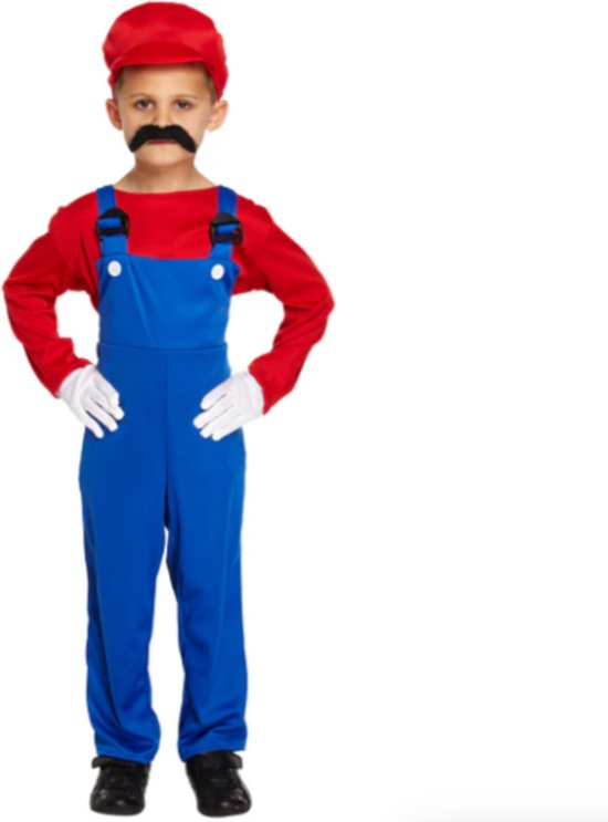 Loodgieter Mario Kostuum Kinderen - Shirt Jumpsuit En Hoed - Verkleedkleren Kinderen - Rood - Maat 104/116