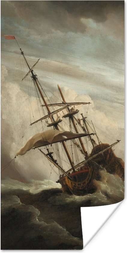 Poster Een schip in volle zee bij vliegende storm - Schilderij van Willem van de Velde - 20x40 cm