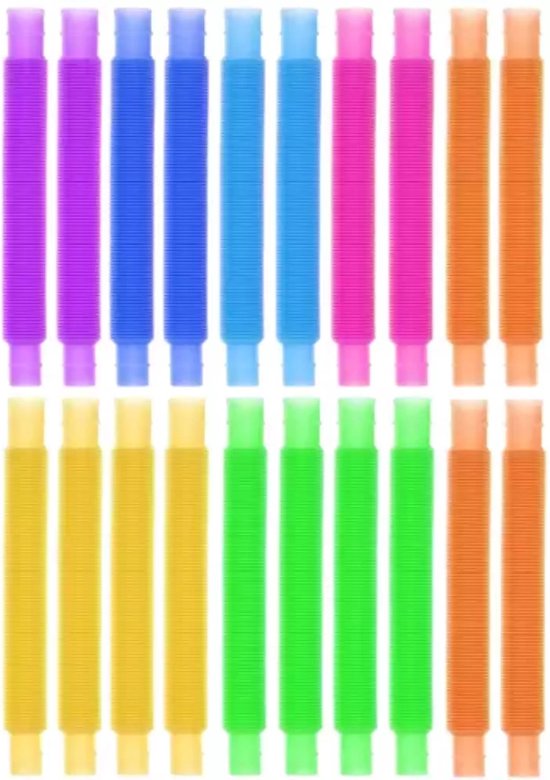 Rijen paarse, blauwe, roze, oranje, gele en groene buizen.