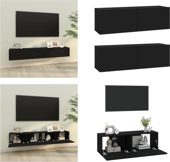 vidaXL Meuble TV mural 2 pcs 100x30x30 cm Bois fini Noir - Meuble TV - Meubles TV - Meuble TV - Meuble TV avec éclairage LED