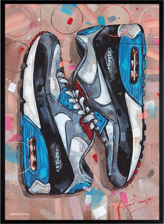 Sneaker print sideways blue 51x71 cm *ingelijst & gesigneerd