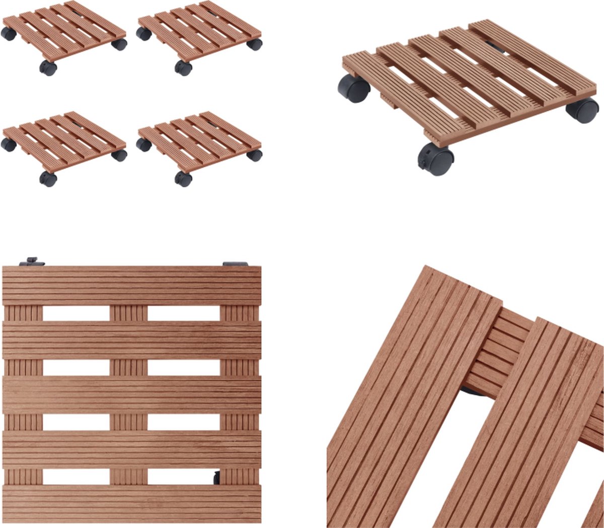 VidaXL Plantentrolleys 4 st 30x30x7-5 cm HKC bruin Plantentrolley Plantentrolleys Plantenroller Plantendrager