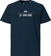 Bitcoin Infinity Symbool - Unisex - 100% Biologisch Katoen - Kleur Marine Blauw- Maat M | Bitcoin cadeau| Crypto cadeau| Bitcoin T-shirt| Crypto T-shirt| Crypto Shirt| Bitcoin Shirt| Bitcoin Merch| Crypto Merch| Bitcoin Kleding
