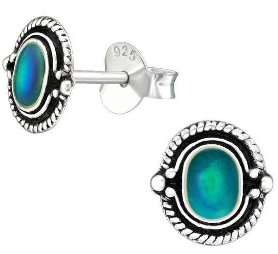 Joy|S - Zilveren Bali ovaal oorbellen - 7 mm - mood oorknoppen blauw / bruin