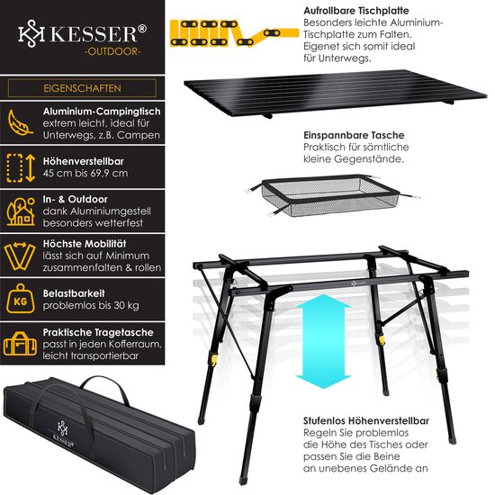 KESSER® Campingtafel inklapbare Tafel - Vouwtafel voor Buiten en Camping 90 x 53 cm - Zwart van KES — afbeelding 4