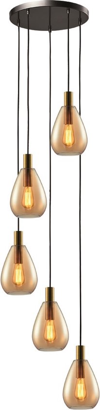 Hanglamp Dorato Zwart Goud Glas Amber 5 Licht 320cm