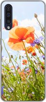 Geschikt voor Samsung Galaxy A50 hoesje - Bloemen - Klaproos - Lente - Natuur - Rood - Blauw - Siliconen Telefoonhoesje