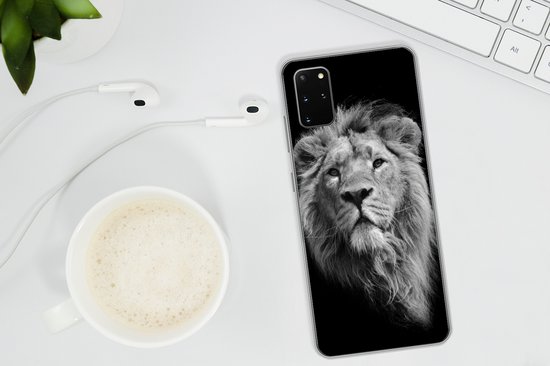 Telefoonhoesje Geschikt voor Samsung Galaxy S20 Plus hoesje - Aziatische leeuw tegen zwarte achtergrond in zwart-wit - Siliconen Telefoonhoesje Telefoonhoesje