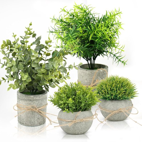 Kunstplant, 4 stuks, mini-kunstplanten, groene kunststof, voor binnen en buiten, geschikt voor balkon, badkamer, kamer, woonkamer, bureau, badkamer, decoratie