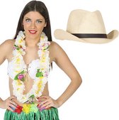 Carnaval verkleedset - Tropical Hawaii party - stro cowboy hoed - en volle bloemenslinger wit - voor volwassenen