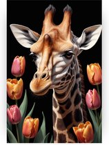 Giraffe met tulpen - Giraffe schilderij op canvas - Muurdecoratie tulp - Wanddecoratie klassiek - Canvas schilderijen woonkamer - Kunstwerken schilderij - 100 x 150 cm 18mm