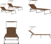 vidaXL Ligbedden inklapbaar met dak 2 st aluminium en textileen bruin - Zonnebed - Zonnebedden - Ligstoel - Ligstoelen