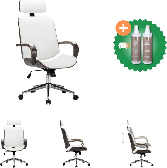 vidaXL Kantoorstoel draaibaar met hoofdsteun kunstleer en hout wit - Bureaustoel - Inclusief Onderhoudsset