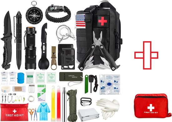 Foto: Survival kit ehbo set professionele xl uitrusting kit 40 delig survival armband zakmes paracord armband zaklamp kompas noodpakket outdoor camping survival set survival spullen gereedschappen accessoires