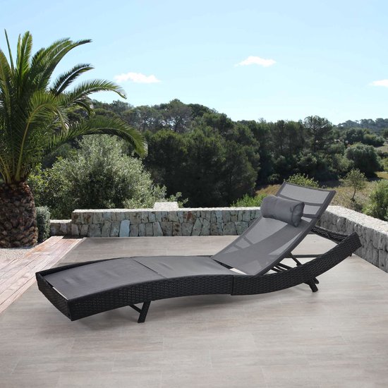 Ligstoel Savannah, relaxligstoel tuinligstoel, poly rotan ~ antraciet, grijze hoes - MCW