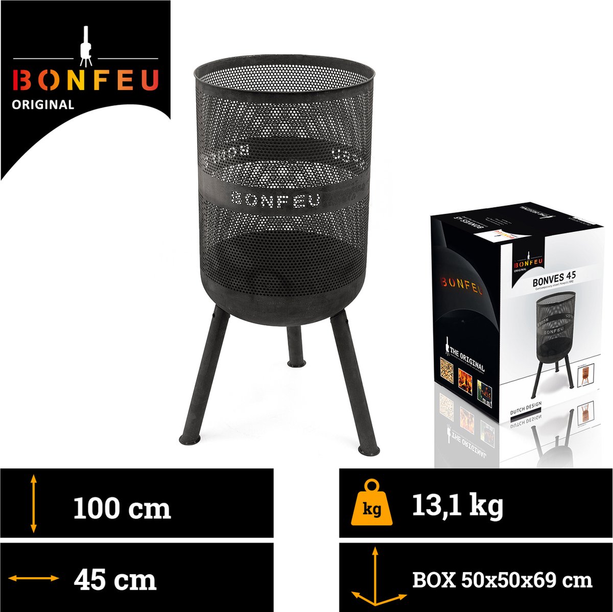 BonFeu BonVes Fire Basket 45 cm - With Grill Grate and Poker - Black