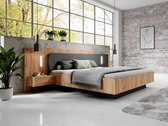 Bed met nachtkastjes 140 x 190 cm - 2 lades - Met ledverlichting - Kleur: naturel en antraciet + bedbodem - FRANCOLI L 244.4 cm x H 102 cm x D 208.2 cm