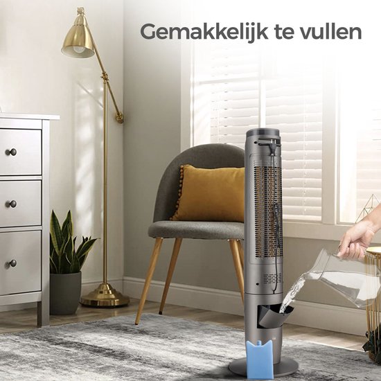 Grijze CoolHome torenventilator met waterreservoir, bijvullen met een glas water.