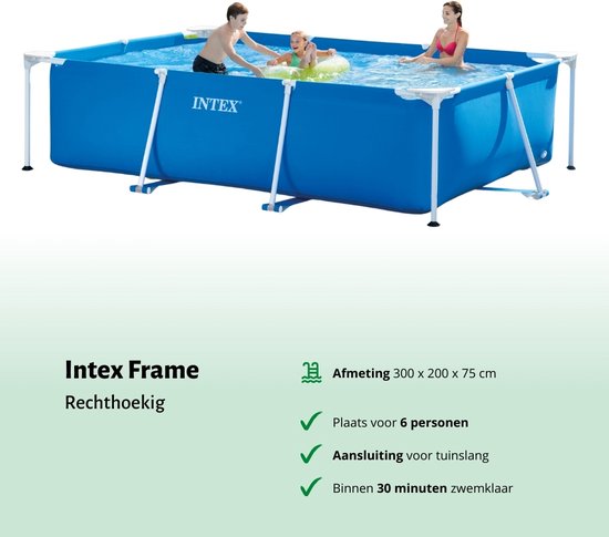 Intex rechthoekig frame zwembad in blauw met witte steunen, met drie personen erin.